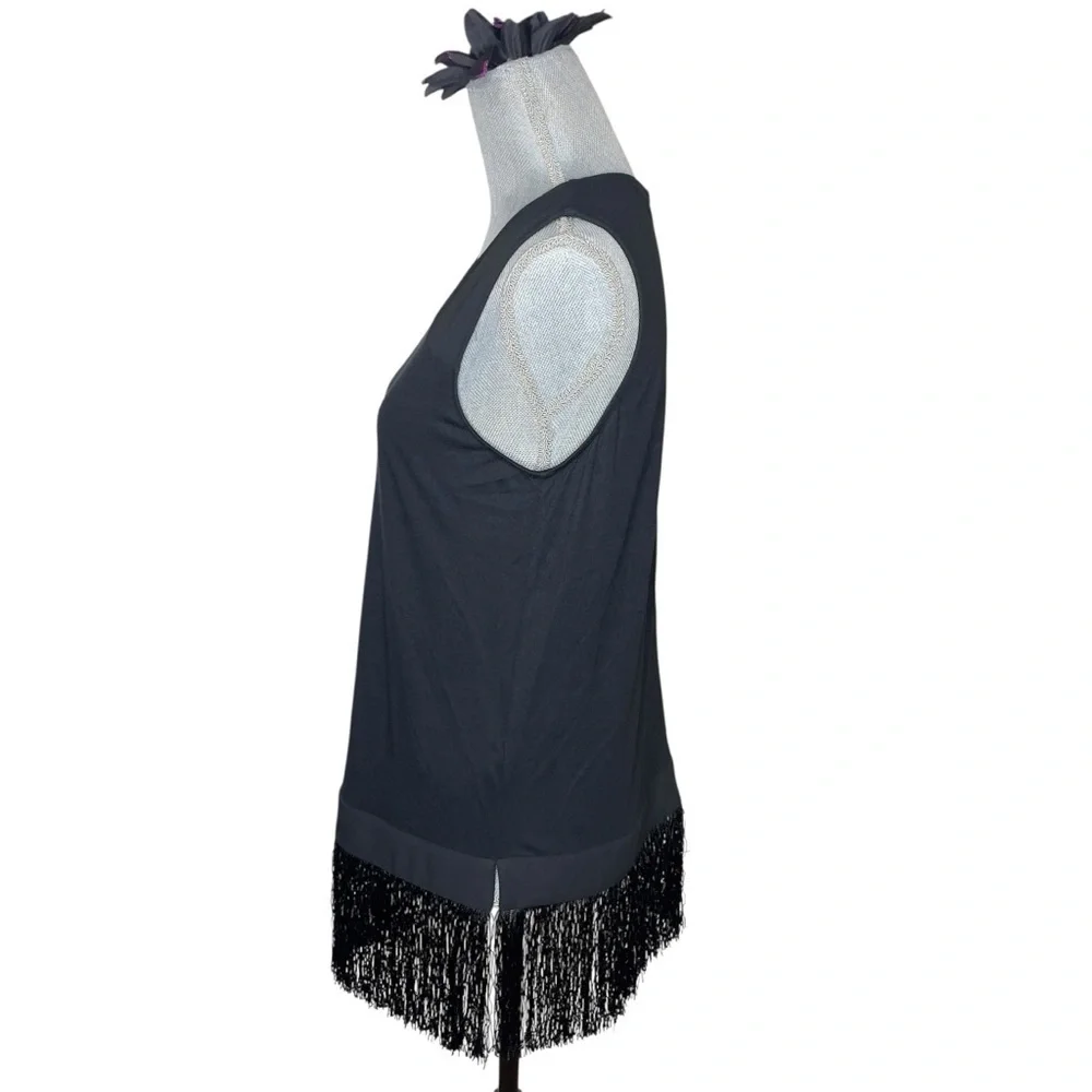 J.Crew Solid Black Fringe Tank Drape Top Tunic B6374 Sleeveless Classic S